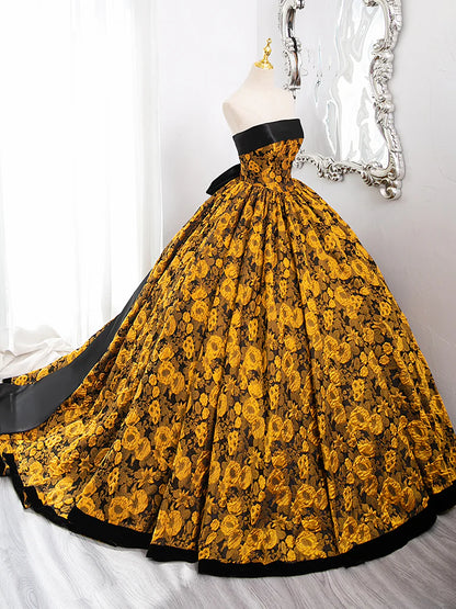 A-Linie Gelb Satin Spitze Langes Ballkleid, Gelbes Langes Abendkleid ED0567