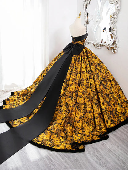 A-Linie Gelb Satin Spitze Langes Ballkleid, Gelbes Langes Abendkleid ED0567