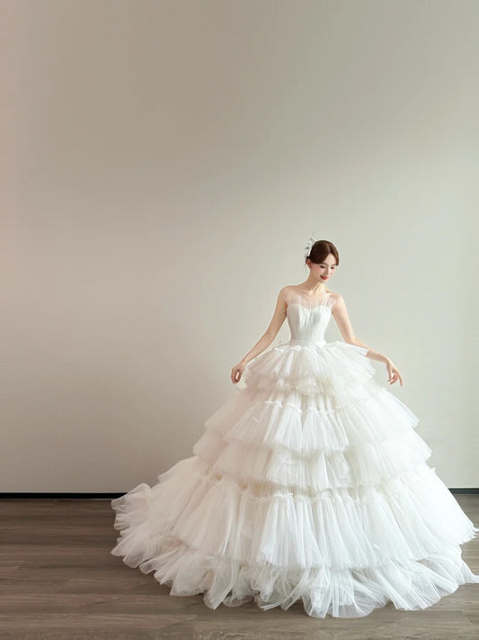 Timeless Strapless A-Line Long Wedding Dresses Tulle White Bridal Gowns Sleeveless Bridal Dresses ED05685