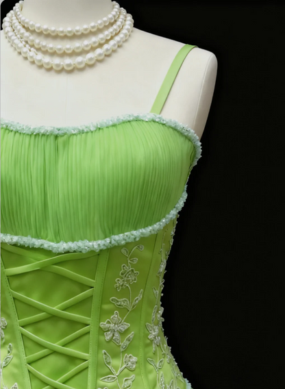 Fairy Spaghetti Straps A-Line Long Prom Dresses Tulle Green Evening Gowns Sleeveless Birthday Dresses ED05686