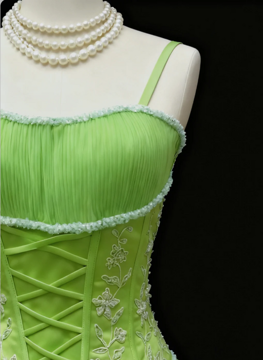 Fairy Spaghetti Straps A-Line Long Prom Dresses Tulle Green Evening Gowns Sleeveless Birthday Dresses ED05686