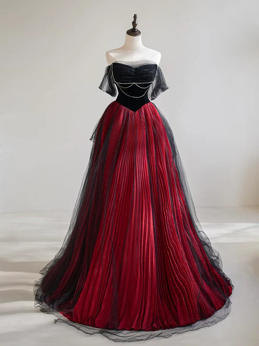 A-Line Off Shoulder Tulle Black/Burgundy Long Prom Dress ED0568