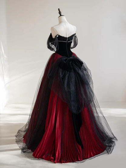 A-Line Off Shoulder Tulle Black/Burgundy Long Prom Dress ED0568