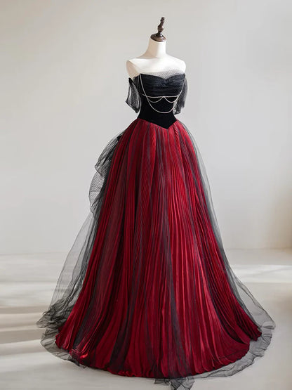 A-Line Off Shoulder Tulle Black/Burgundy Long Prom Dress ED0568