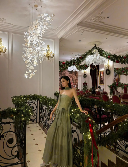 Elegant Strapless Sheath Long Prom Dresses Chiffon Green Evening Gowns Sleeveless Green Christmas Dresses ED05691