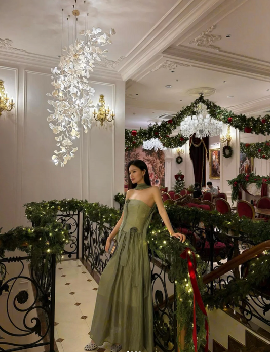 Elegant Strapless Sheath Long Prom Dresses Chiffon Green Evening Gowns Sleeveless Green Christmas Dresses ED05691