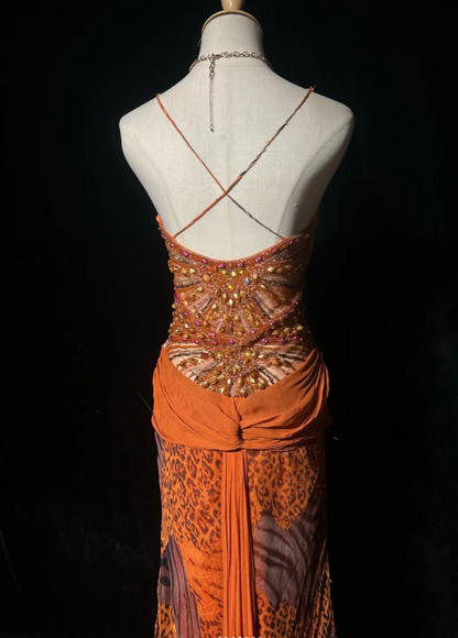 Gorgeous Spaghetti Straps Sheath Long Prom Dresses Beaded Tulle Orange Evening Gowns Sleeveless Orange Christmas Dresses ED05694