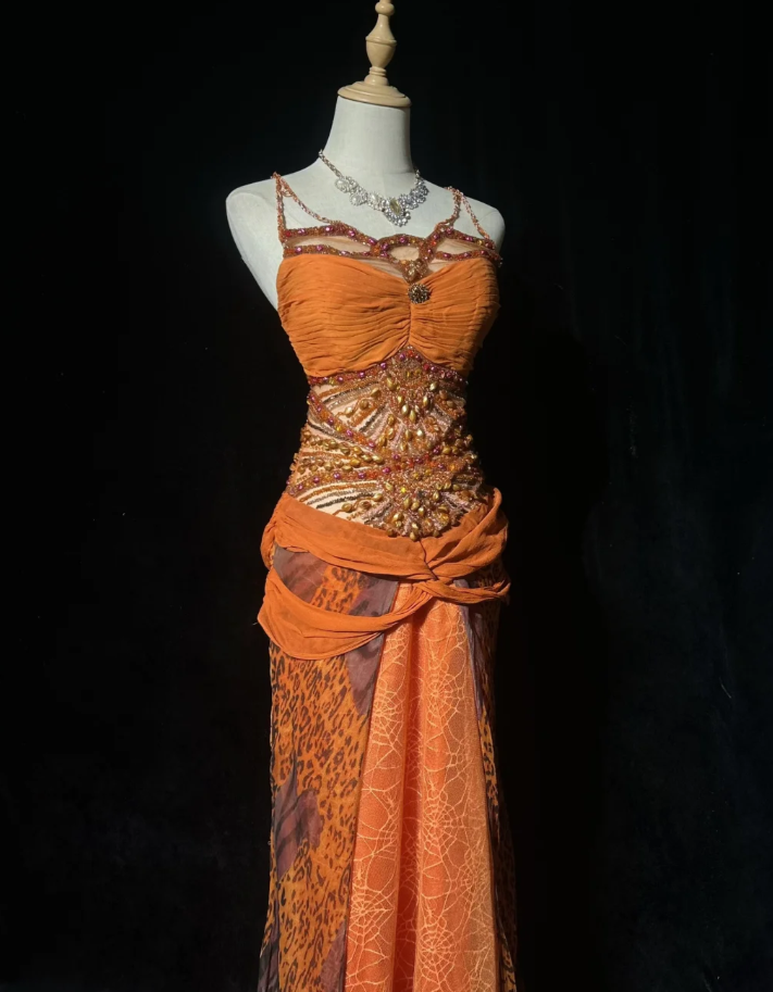 Gorgeous Spaghetti Straps Sheath Long Prom Dresses Beaded Tulle Orange Evening Gowns Sleeveless Orange Christmas Dresses ED05694