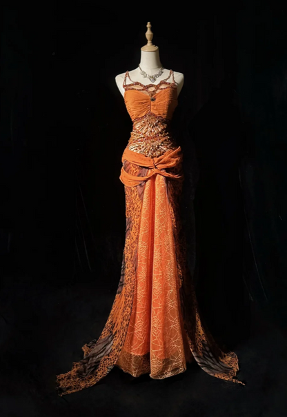 Gorgeous Spaghetti Straps Sheath Long Prom Dresses Beaded Tulle Orange Evening Gowns Sleeveless Orange Christmas Dresses ED05694