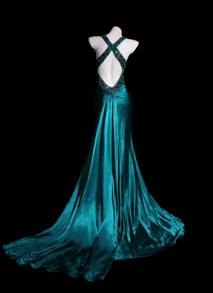 Glam V-neck Sheath Long Prom Dresses Satin Teal Evening Gowns Sleeveless Teal Christmas Dresses ED05695