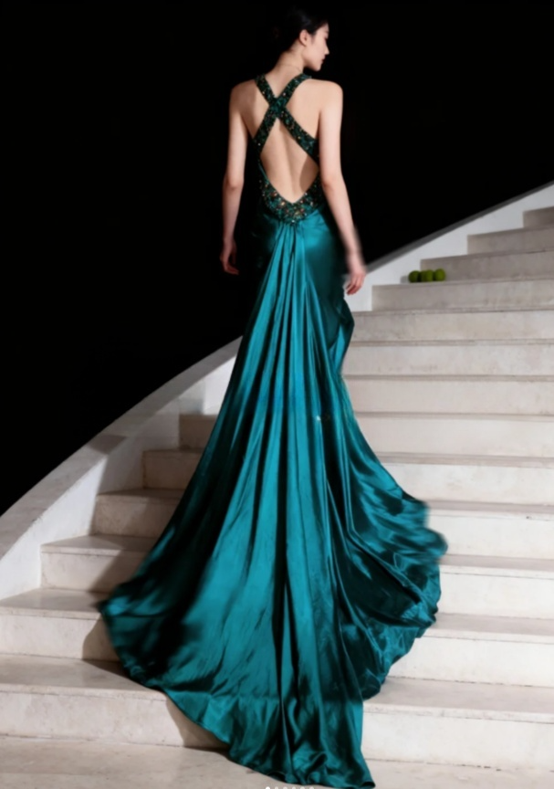 Glam V-neck Sheath Long Prom Dresses Satin Teal Evening Gowns Sleeveless Teal Christmas Dresses ED05695