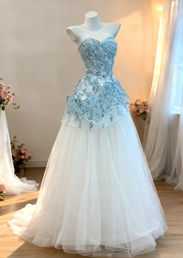 Glam Strapless A-Line Long Prom Dresses Tulle Blue Evening Gowns Sleeveless Blue Christmas Dresses ED05696