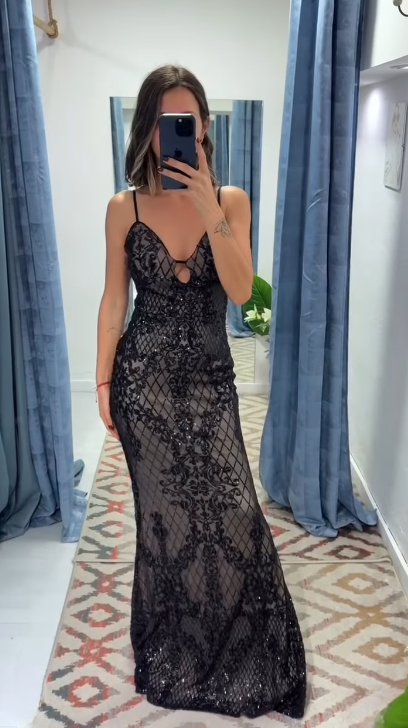 Glam Spaghetti Straps Sheath Long Prom Dresses Lace  Black Evening Gowns Sleeveless Black Christmas Dresses ED05697