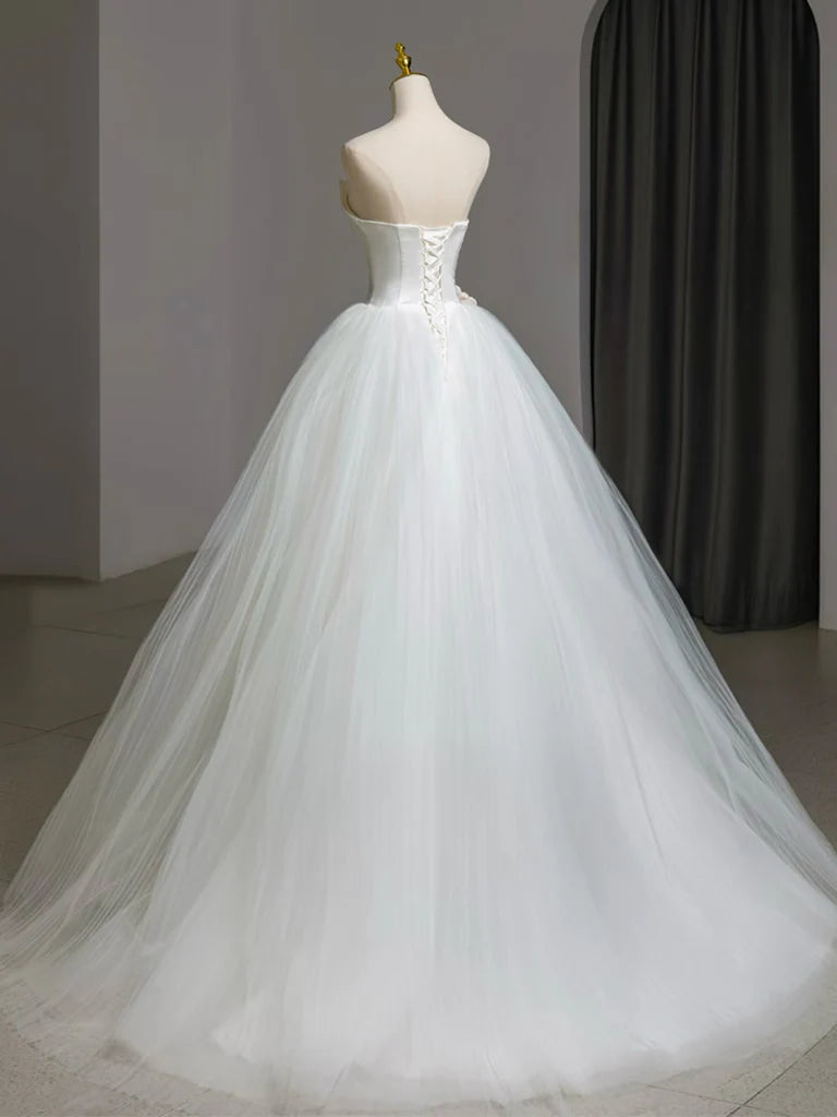 A-Line Tulle White Long Prom Dress, White Long Formal Dress ED0569