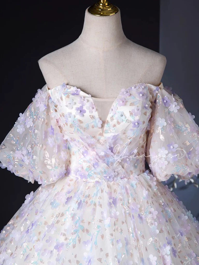 A-Linie Herzausschnitt Tüll Spitze Hell Lila Langes Ballkleid ED057