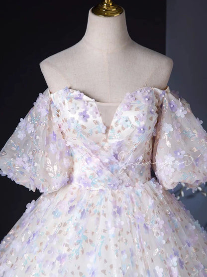 A-Linie Herzausschnitt Tüll Spitze Hell Lila Langes Ballkleid ED057