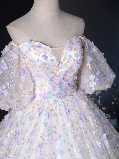 A-Linie Herzausschnitt Tüll Spitze Hell Lila Langes Ballkleid ED057