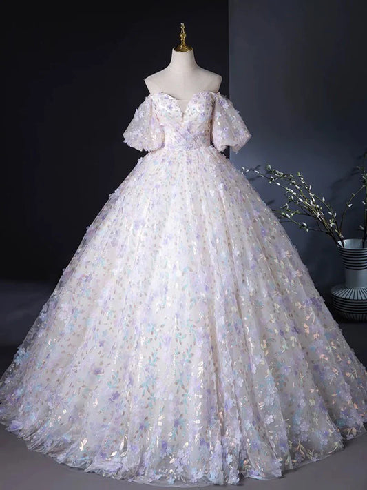 A-Linie Herzausschnitt Tüll Spitze Hell Lila Langes Ballkleid ED057