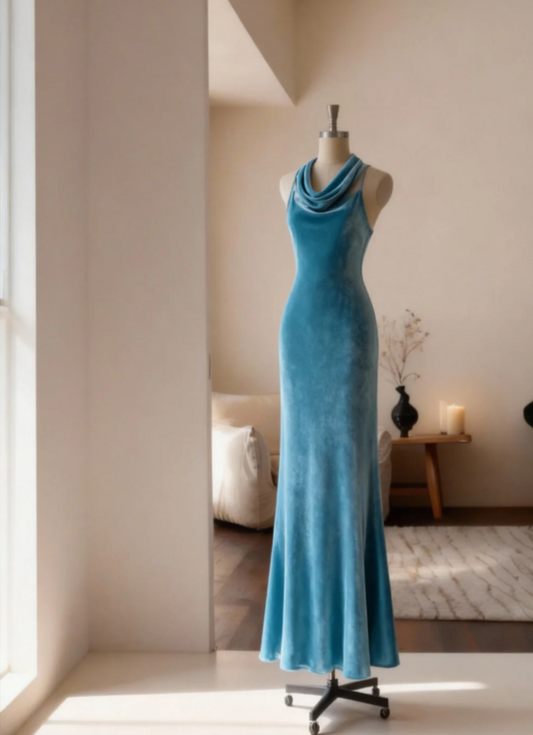 Elegant Sheath Teal Long Prom Dresses Sleeveless Velvet Evening Dresses ED05701