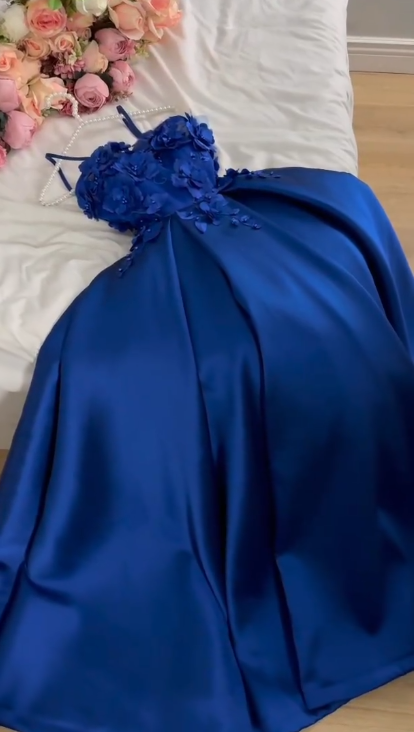 A-Line Blue Long Prom Dresses Satin Spaghetti Straps Elegant Evening Dresses Sleeveless Party Dresses ED05702