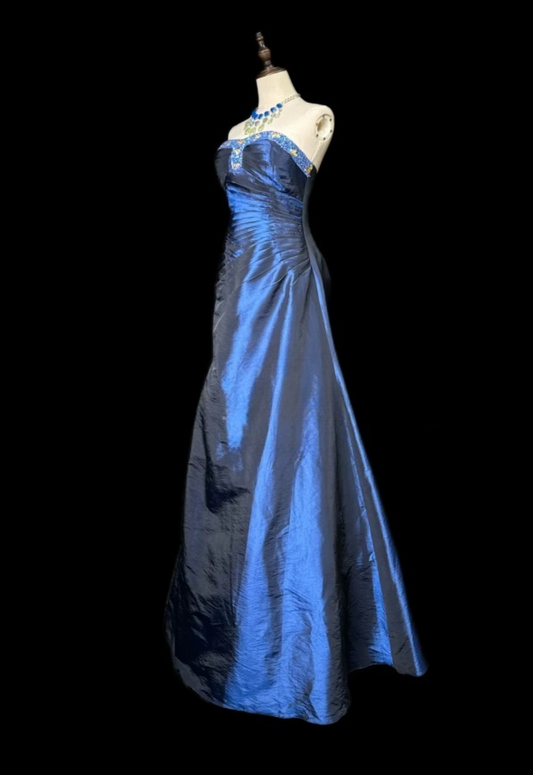 Sheath Blue Long Prom Dresses Satin Elegant Strapless Evening Dresses Sleeveless Party Dresses ED05703