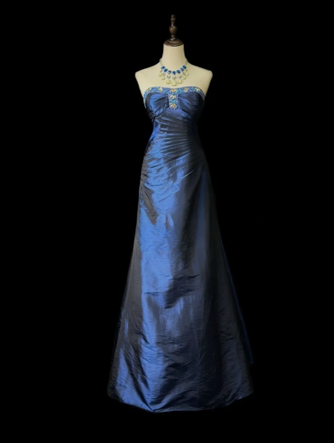 Sheath Blue Long Prom Dresses Satin Elegant Strapless Evening Dresses Sleeveless Party Dresses ED05703