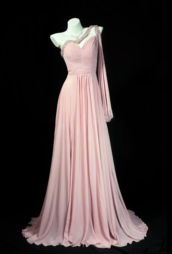 Pink Sheath Long Prom Dresses Gorgeous One-shoulder Chiffon Evening Dresses Sleeveless Party Dresses ED05704