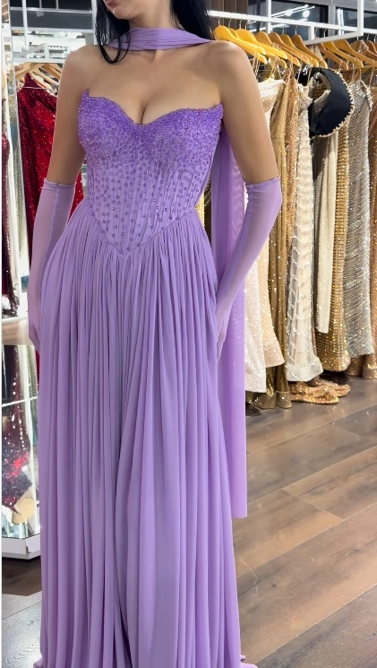 Purple A-Line Long Prom Dresses Gorgeous Sweetheart Chiffon Beaded Evening Dresses  Sleeveless Formal Dresses ED05707