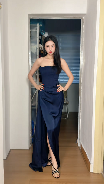 Chic Sheath Navy Blue Long Prom Dresses Satin Strapless Evening Dresses  Sleeveless Formal Dresses ED05708