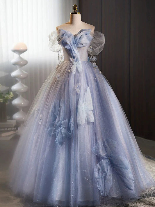 A-line Off Shoulder Tulle Flower Blue Long Prom Dress, Blue Long Formal Dress ED0571