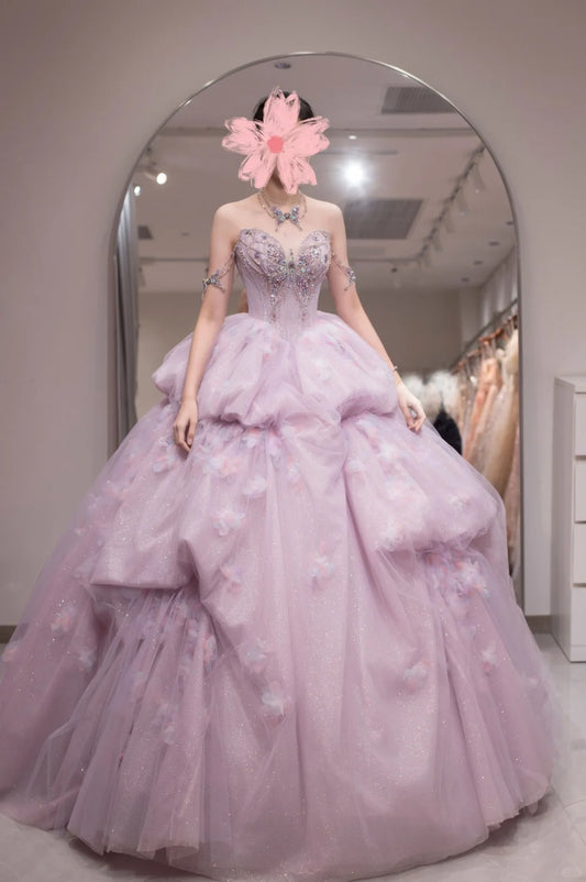 Fairy A-Line Pink Long Prom Dresses Tulle Appliques Sweetheart Birthday Dresses  Sleeveless Sweet 16 Dresses ED05710