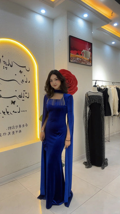 Elegant Sheath Royal Blue Long Prom Dresses Velvet Wedding Guest Dresses  ED05711