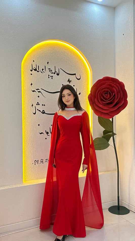 Elegant Sheath Red Long Prom Dresses Chiffon Long Sleeves Wedding Guest Dresses  ED05712
