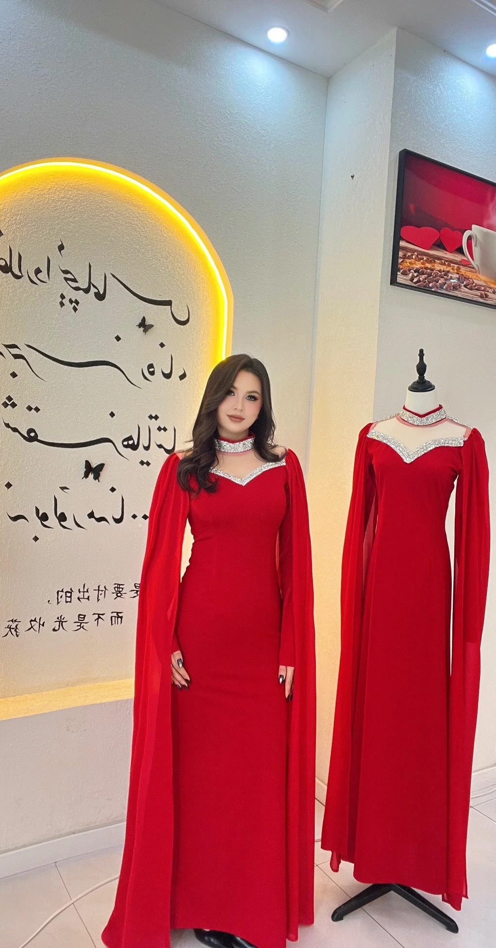 Elegant Sheath Red Long Prom Dresses Chiffon Long Sleeves Wedding Guest Dresses  ED05712