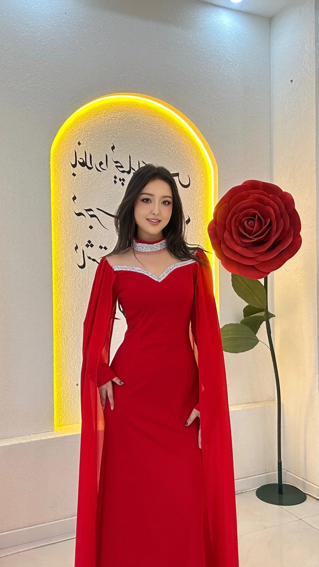 Elegant Sheath Red Long Prom Dresses Chiffon Long Sleeves Wedding Guest Dresses  ED05712
