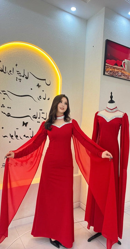 Elegant Sheath Red Long Prom Dresses Chiffon Long Sleeves Wedding Guest Dresses  ED05712