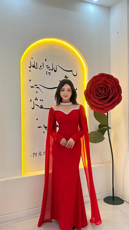 Elegant Sheath Red Long Prom Dresses Chiffon Long Sleeves Wedding Guest Dresses  ED05712