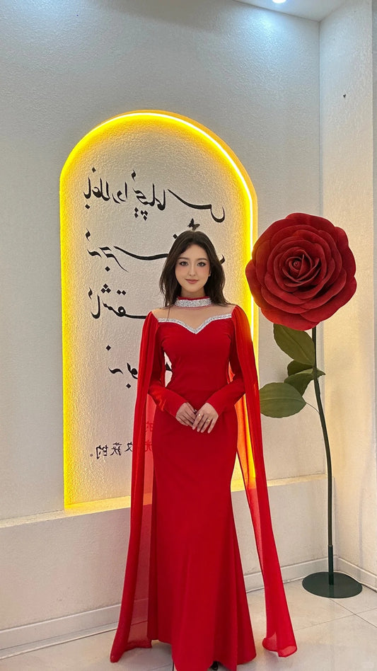 Elegant Sheath Red Long Prom Dresses Chiffon Long Sleeves Wedding Guest Dresses  ED05712
