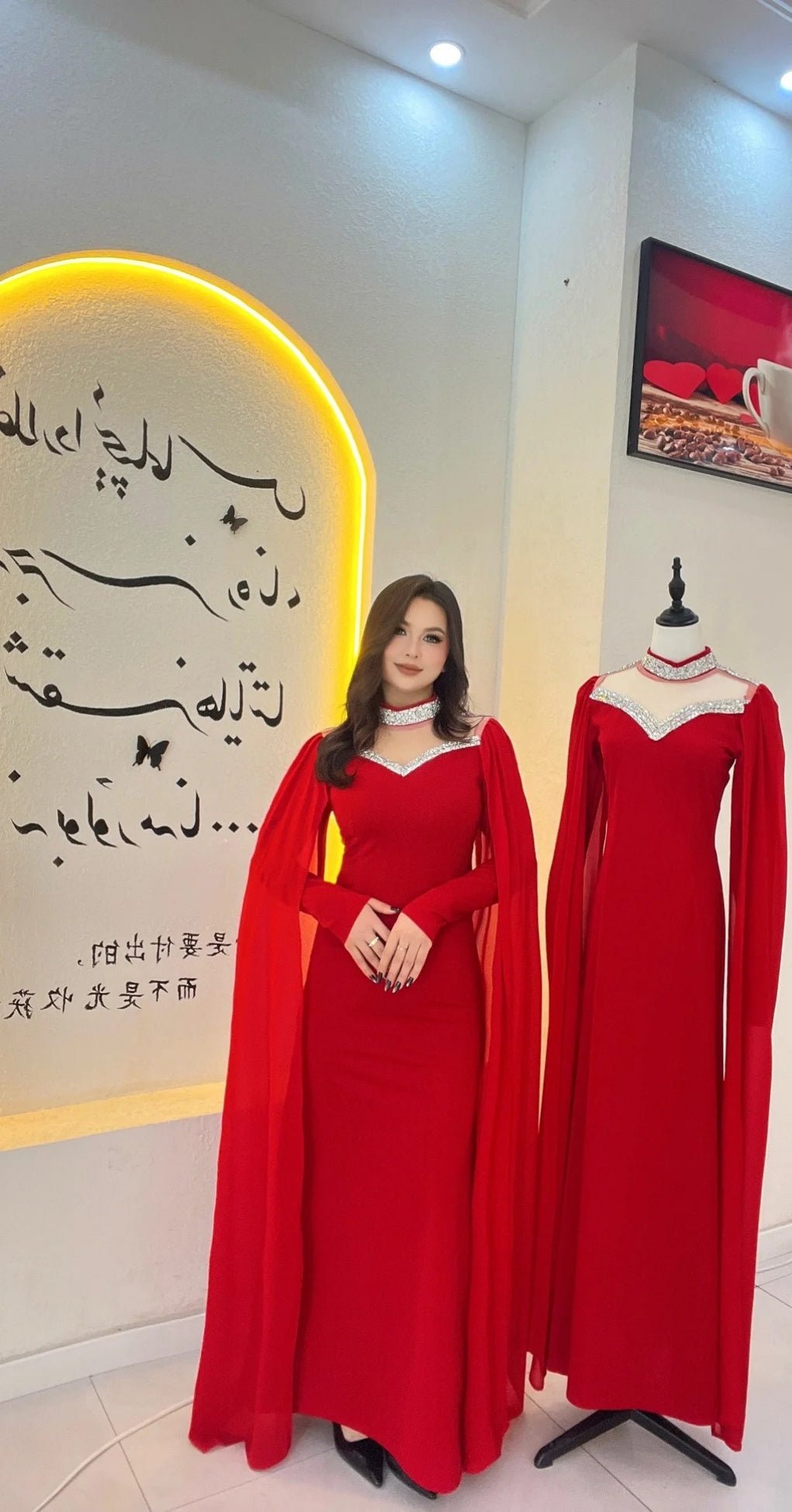 Elegant Sheath Red Long Prom Dresses Chiffon Long Sleeves Wedding Guest Dresses  ED05712