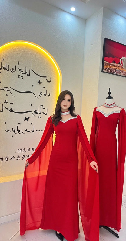 Elegant Sheath Red Long Prom Dresses Chiffon Long Sleeves Wedding Guest Dresses  ED05712