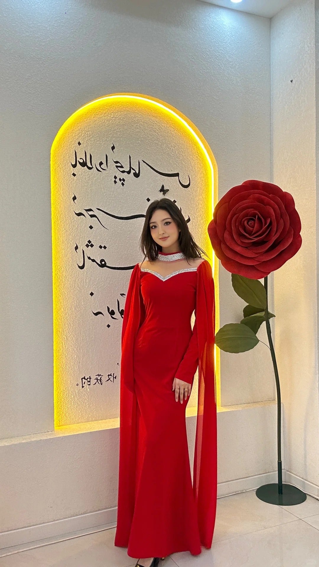 Elegant Sheath Red Long Prom Dresses Chiffon Long Sleeves Wedding Guest Dresses  ED05712