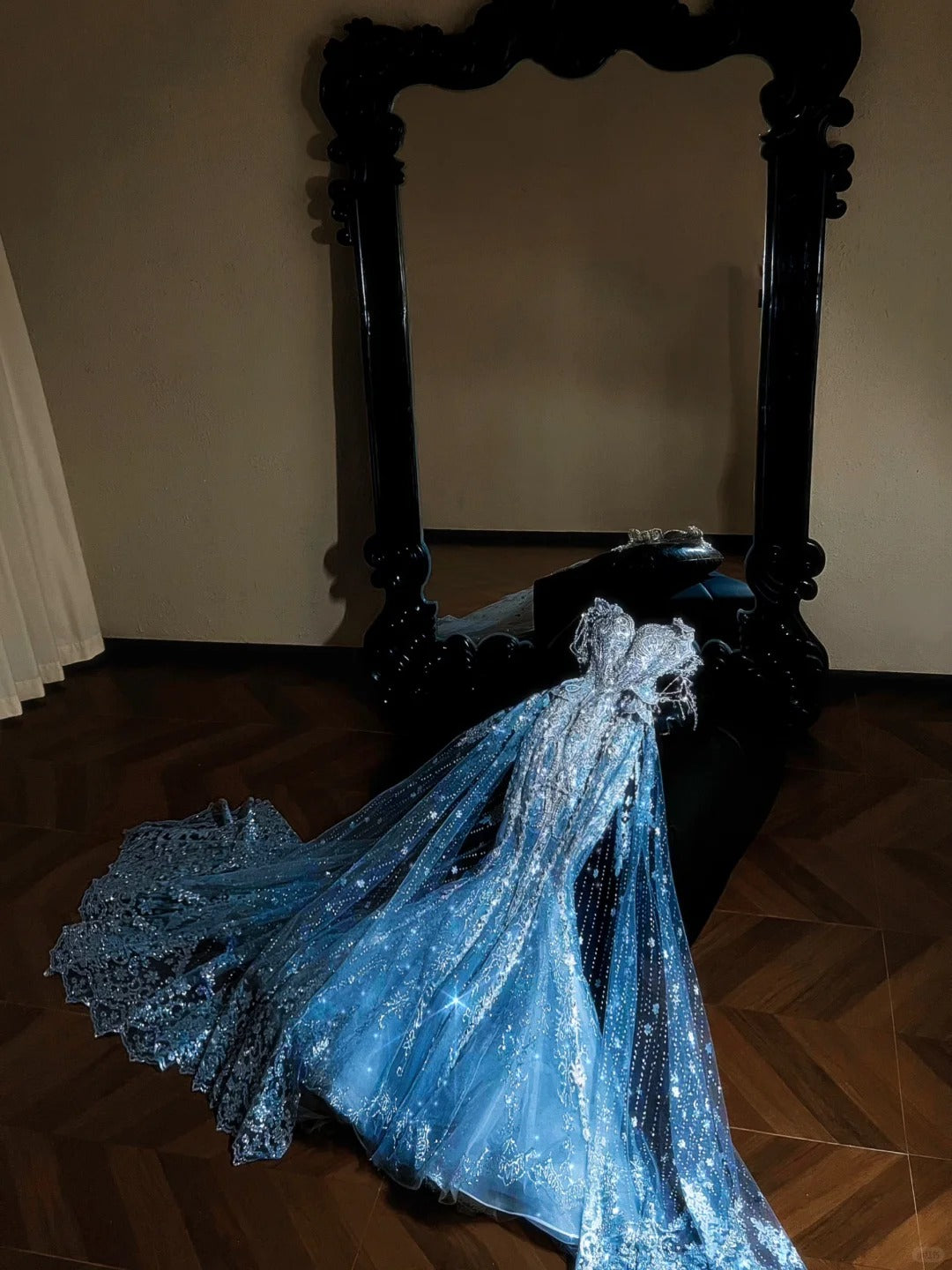 Gorgeous Mermaid Ice Blue Long Prom Dresses Tulle Beaded Sweetheart Evening Dresses ED05713