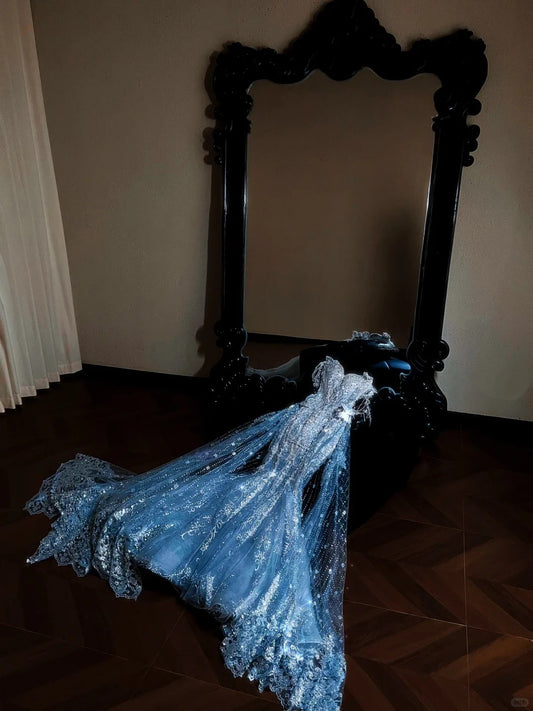 Gorgeous Mermaid Ice Blue Long Prom Dresses Tulle Beaded Sweetheart Evening Dresses ED05713