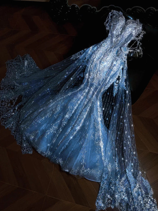 Gorgeous Mermaid Ice Blue Long Prom Dresses Tulle Beaded Sweetheart Evening Dresses ED05713