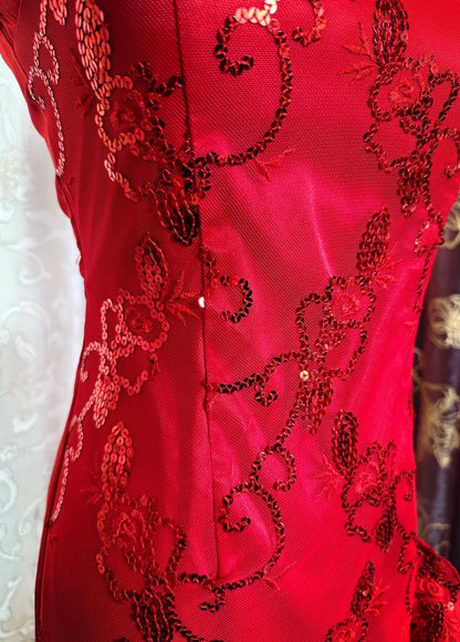 Gorgeous Red Sheath Long Prom Dresses Halter Beaded Satin Evening Gowns Sleeveless Birthday Dresses ED05718
