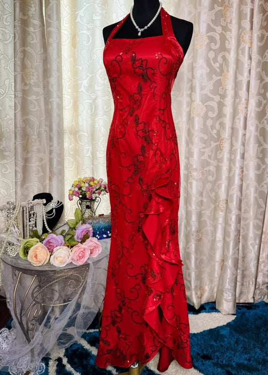 Gorgeous Red Sheath Long Prom Dresses Halter Beaded Satin Evening Gowns Sleeveless Birthday Dresses ED05718