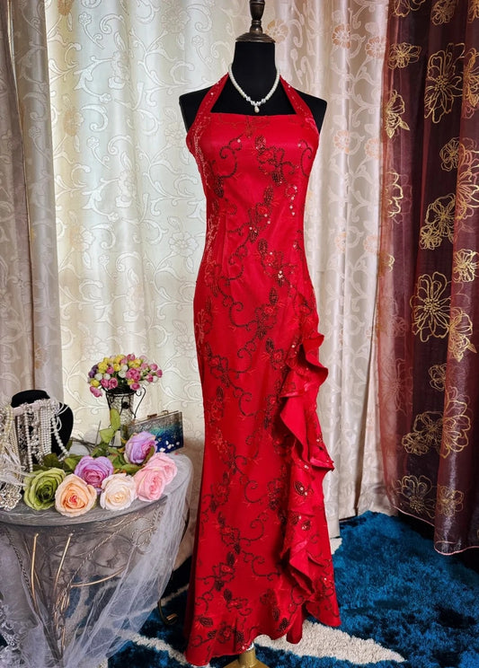 Gorgeous Red Sheath Long Prom Dresses Halter Beaded Satin Evening Gowns Sleeveless Birthday Dresses ED05718