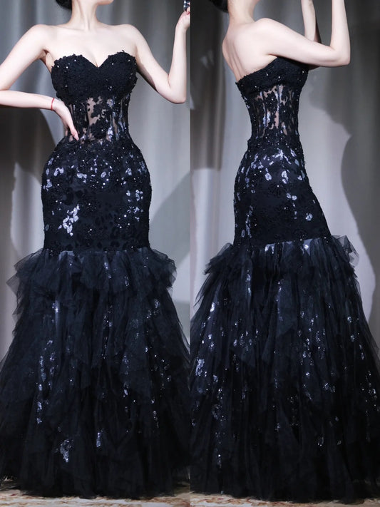 Chic Black Sheath Long Prom Dresses Sweetheart Tulle  Evening Gowns Sleeveless Birthday Dresses ED05719