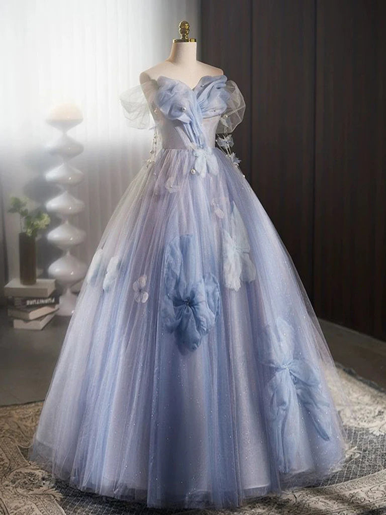 A-line Off Shoulder Tulle Flower Blue Long Prom Dress, Blue Long Formal Dress ED0571