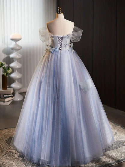 A-line Off Shoulder Tulle Flower Blue Long Prom Dress, Blue Long Formal Dress ED0571